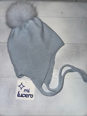 NWT Mi Lucero Fur Pom Hat, Light Blue, Size 2y